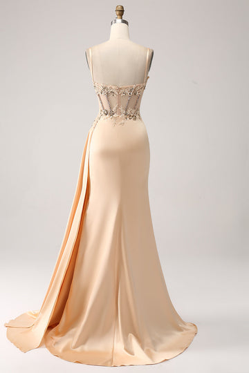 Elegant Champagne Mermaid Pleated Satin Ball Dress With Appliques